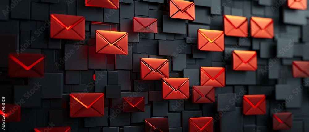 Poster email service. a dynamic arrangement of red envelopes on a dark background, symbolizing digital comm