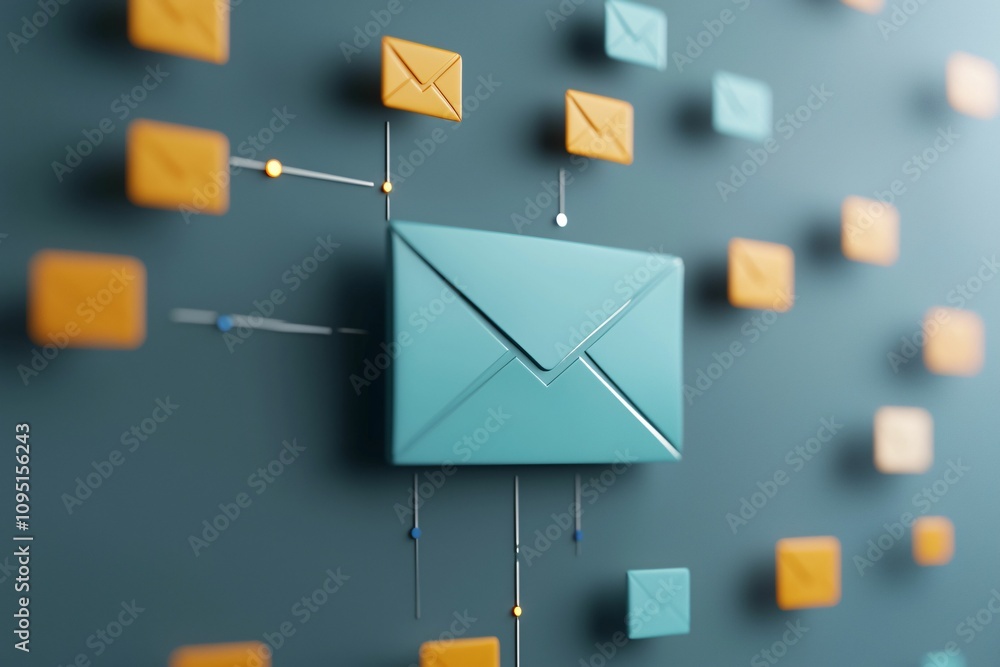 Poster email service. a stylized graphic featuring a central email envelope interconnected with colorful ic
