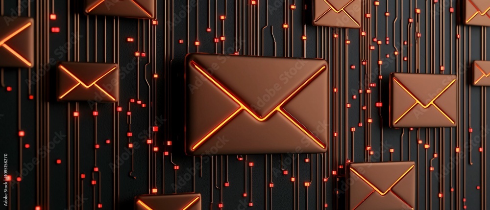 Aufkleber email service. a visually striking image of illuminated envelopes on a dark background, conveying th