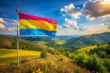 Vibrant Pansexual Flag Waves in a Scenic Panoramic Landscape, Celebrating Inclusivity and Love Across Diverse Communities in a Bright and Colorful Setting