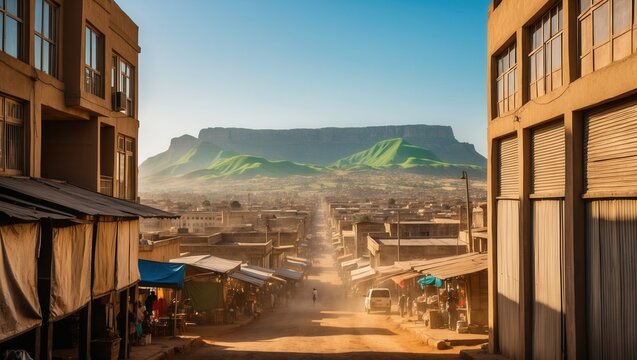 Scenic View of Jos City Framed by the Majestic Plateau Peaks, Capturing the Vibrant Streets and Local Life in Nigeria's Stunning Landscape