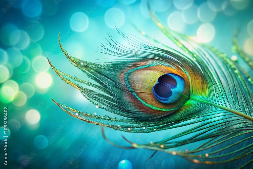 Poster vibrant peacock feather on a turquoise background with bokeh effect - perfect for creative projects 