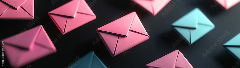 Aufkleber email service. colorful envelopes in pink and teal scattered on a dark surface, creating a playful a