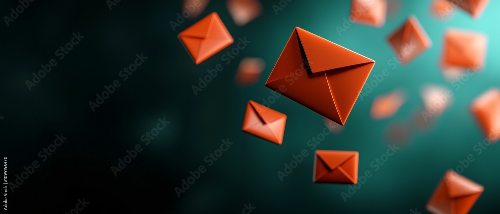 Poster email service. a dynamic scene of floating red envelopes against a dark background, symbolizing comm