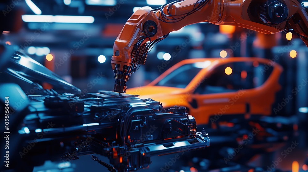Poster a robotic arm assembling automotive components in a modern factory setting.