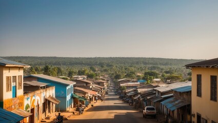Fototapeta premium Scenic Overlook of Benin City Streets with Lush Okomu Forest in the Background, Capturing the Vibrant Life and Architecture of a Nigerian Community