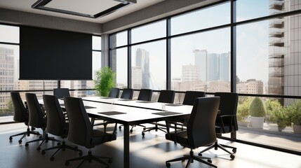 Stylish modern meeting room with large glass table, black chairs, and city view through big windows