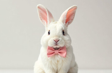 Obraz premium Cute white rabbit with a bow on its neck, light background. 