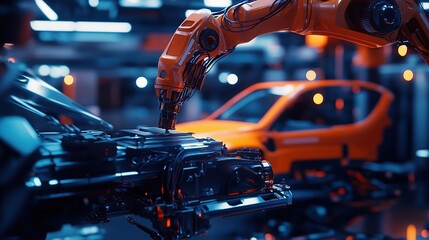 A robotic arm assembling automotive components in a modern factory setting.