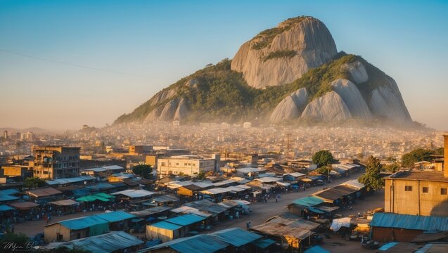Scenic View of Minnas Urban Landscape Framed by Zuma RockA Capturing the Vibrant City Life and Majestic Mountain Formation at Sunrise