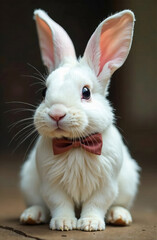 Fototapeta premium Cute white rabbit with a bow on its neck, light background. 