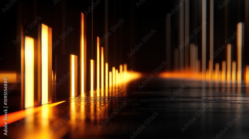 Poster abstract visualization of sound waves with glowing bars in a dark environment.