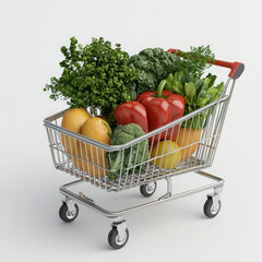 A shopping cart filled with large vegetables and fresh greens, ready for a healthy grocery shopping experience.