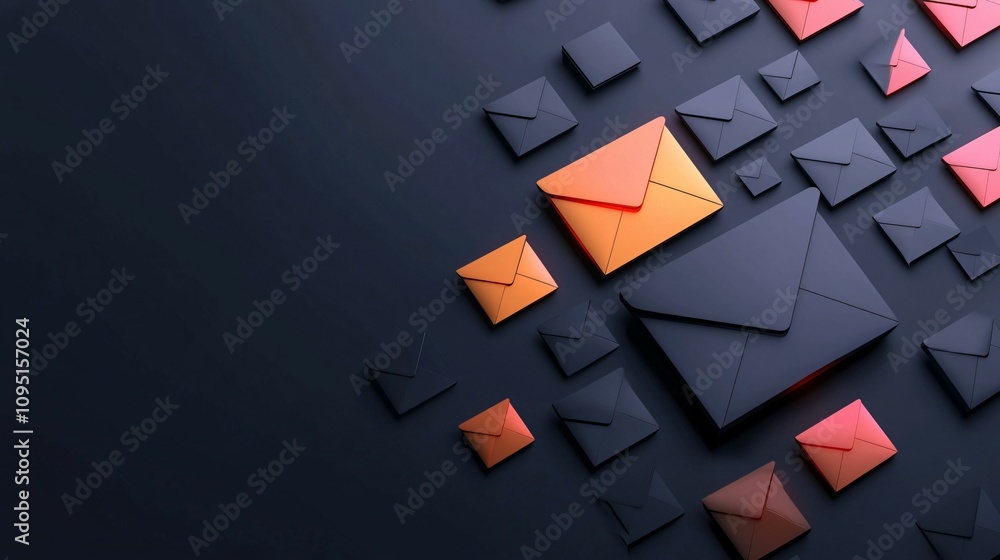 Poster email service. colorful envelopes arranged artistically on a dark background, creating a visually ap