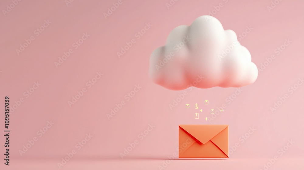 Poster email service. a pink background features a stylized cloud above a bright orange envelope, symbolizi