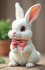 Obraz premium Cute white rabbit with a bow on its neck, light background. 