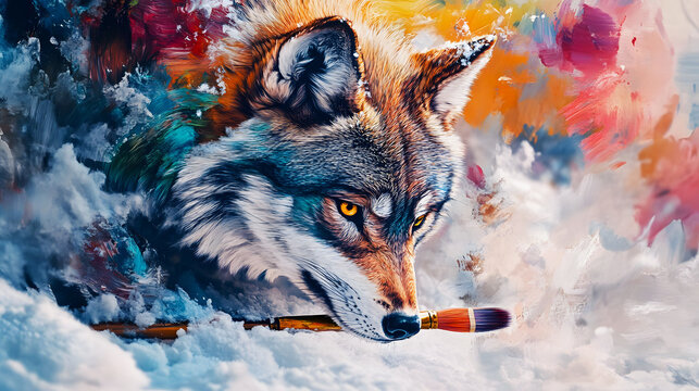 big colorful wolf on snow emerging from an artist s paint brus