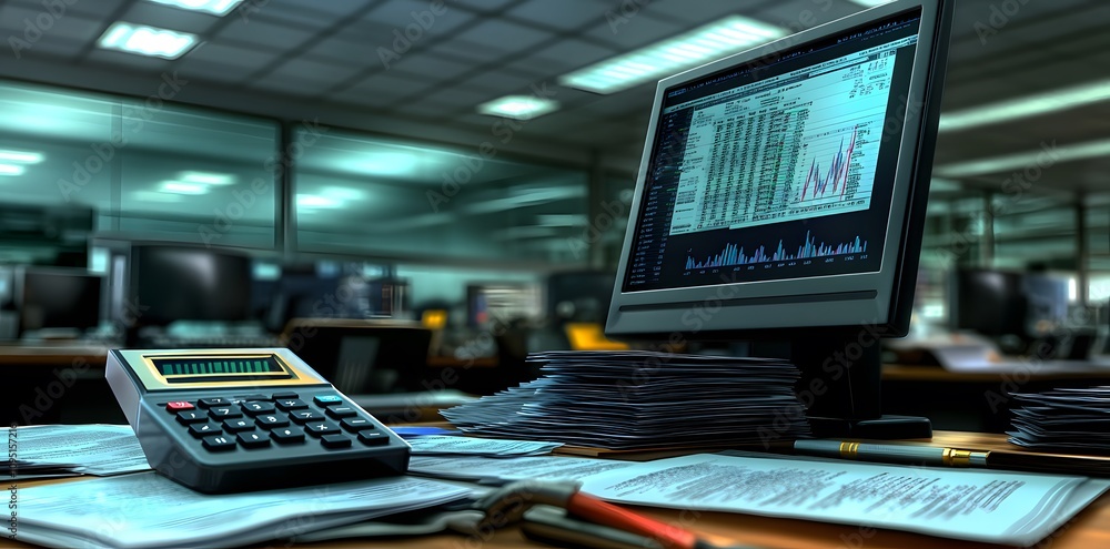 Poster an office workspace featuring a calculator, documents, and a computer with data charts.