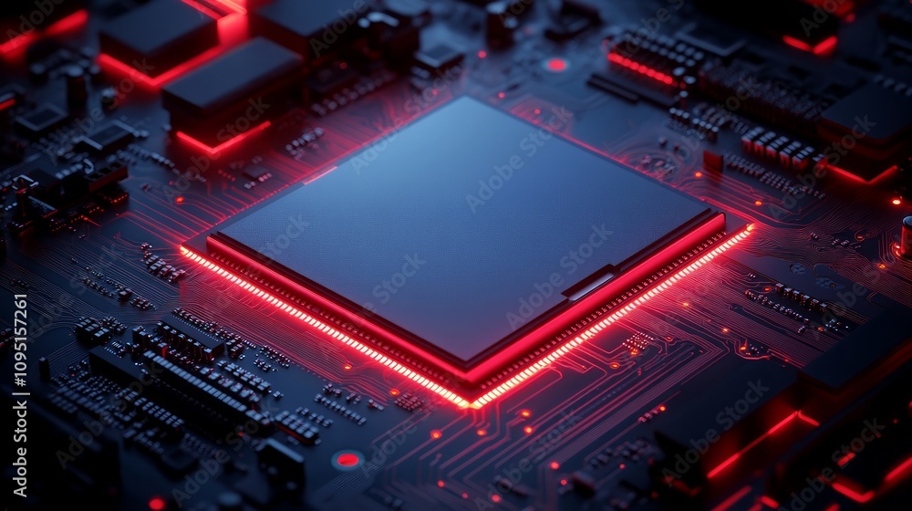 Poster close-up of a central processing unit (cpu) on a circuit board, illuminated with red led lights.