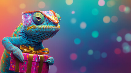 Vibrant chameleon holding a colorful gift box with a ribbon against a dreamy bokeh background. Minimal festive banner or postcard with empty copy space. Birthday or Christmas present