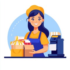 A cheerful woman in an apron holds a box of packages, with coffee equipment beside her, representing a friendly retail.