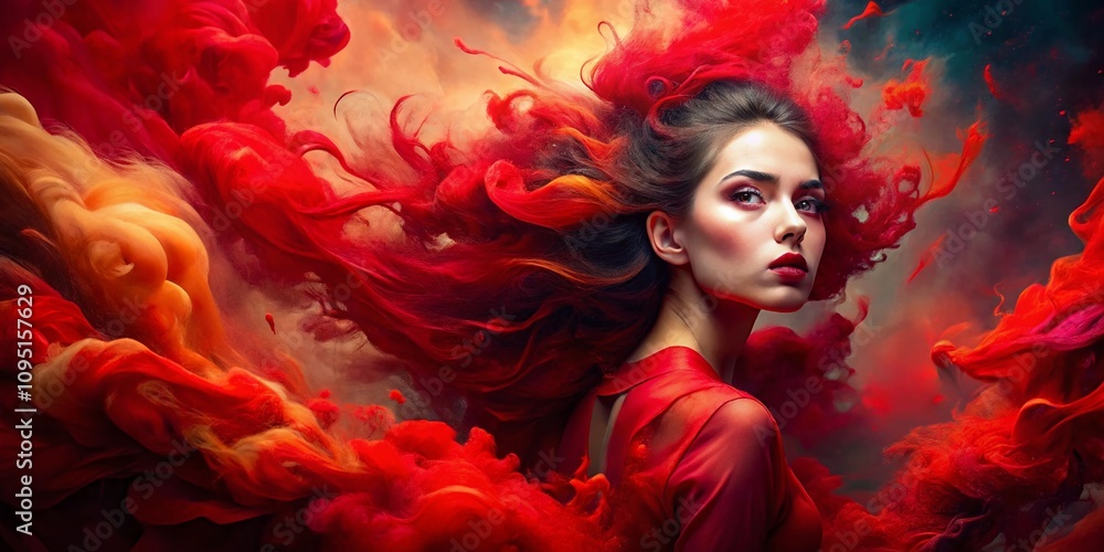 Poster vibrant red textured background with ink clouds and paint splashes creating fluid art streams for ca