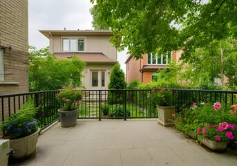 Obraz premium Private Garden and Patio of a Home in Summer, Serene Outdoor View