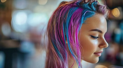 Colorful strands of temporary dye brighten up a girls hair as she enjoys the lively salon experience filled with joy and creativity