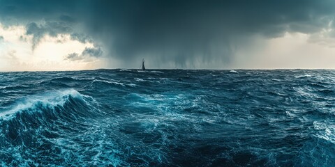 A view of a stormy ocean with a lone boat in the distance, capturing the power of the waves.