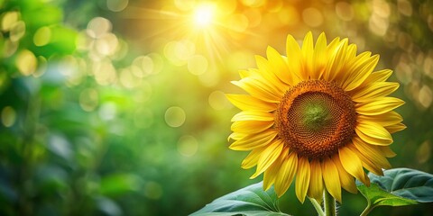 Obraz premium Vibrant Sunflower in Right Position with Lush Green Background and Ample Copy Space for Text Overlay – Ideal for Nature and Floral Themed Projects