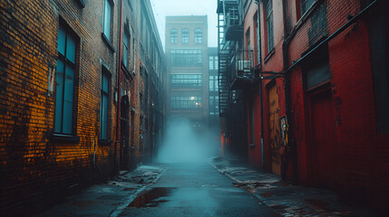 Fototapeta premium Vintage Urban Street in Dense Fog with a Quiet but Ominous Mood. Ideal for Mysterious Story Settings