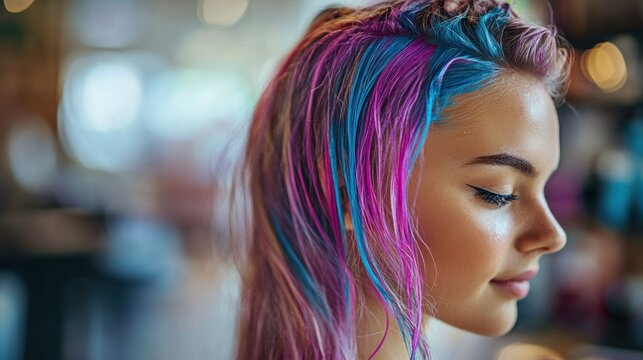 Colorful strands of temporary dye brighten up a girls hair as she enjoys the lively salon experience filled with joy and creativity
