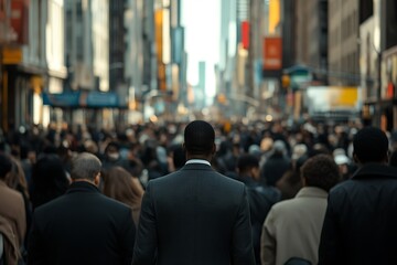 Obraz premium NYC Commute Dark-Haired Man Walking, City Street Back View
