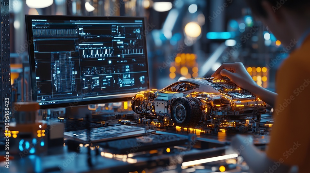 Poster a person working on a futuristic model car with a digital interface.