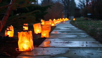  path to porch of house is decorated with paper glowing lanterns. Christmas and New Year street decoration of  house.