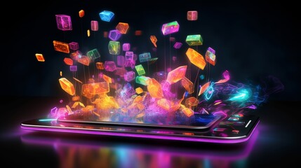 Innovative online banking hologram against dark backdrop exploring fintech and financial technology