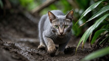 Fototapeta premium Curious Korat Cat Sneaks Through Muddy Jungle Underbrush, Capturing the Essence of Playful Exploration in a Lush Natural Setting