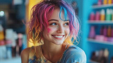 Colorful strands of temporary dye showcase a joyful girl in a lively salon atmosphere celebrating her cheerful hair transformation