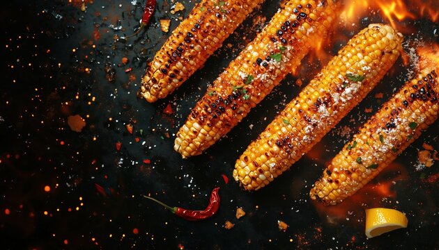 Delectable Summer Bbq: Grilled Mexican Elotes With Cheese, Chili Pepper, And Lemon On A Dark Stone Table - Close-Up Shot