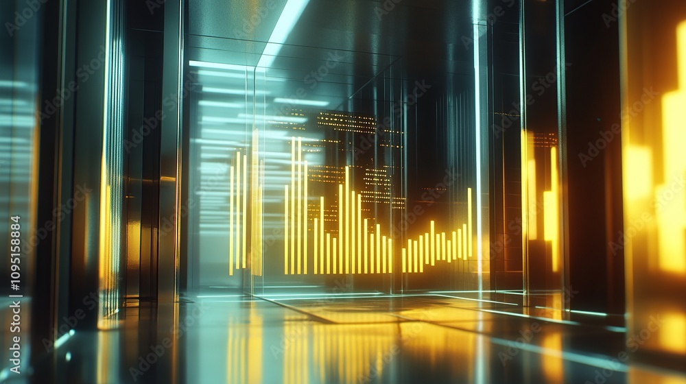 Poster futuristic digital space showcasing soundwave visualizations and sleek architecture.