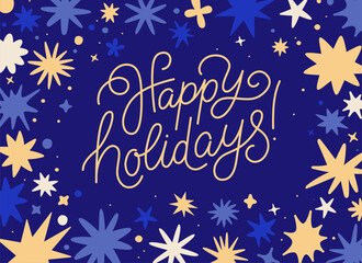 Merry christmas - greeting card with hand-lettering text in calligraphic style  - horizontal vector illustration for greeting card, banner, advertising, poster, invitation