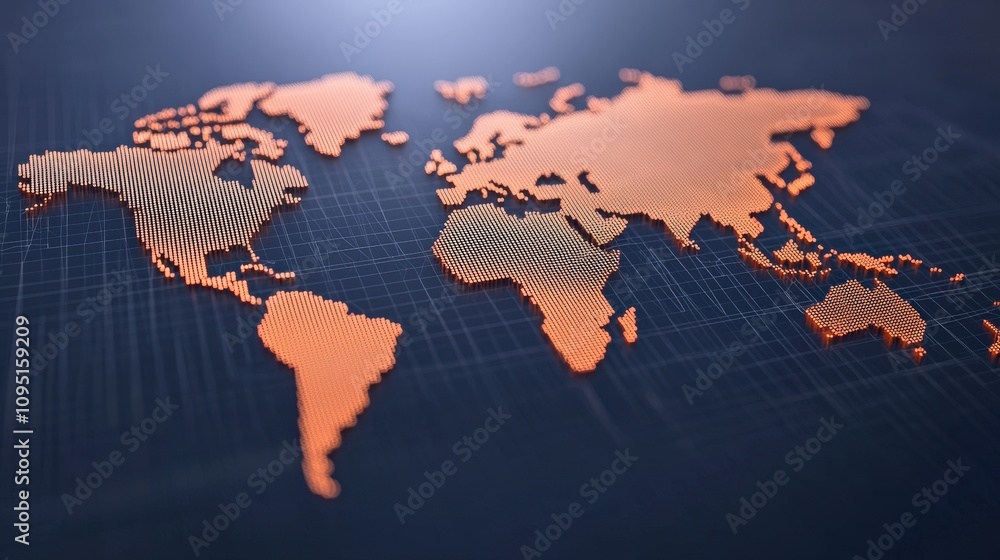 Poster global network connection orange world map point line composition