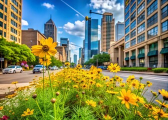Fototapeta premium Vibrant Yellow Texas Wildflowers in Urban Exploration Setting, Showcasing Nature's Beauty Amidst City Life and Architecture, Perfect for Nature Lovers and Urban Enthusiasts Alike