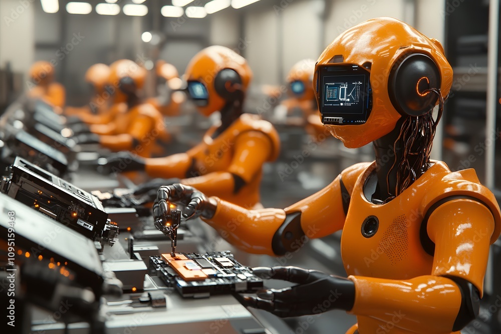 Poster robots assembling electronic components in a futuristic industrial setting.
