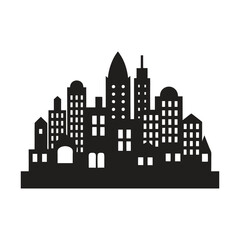 Obraz premium Black silhouette of an urban skyline featuring modern buildings with geometric shapes