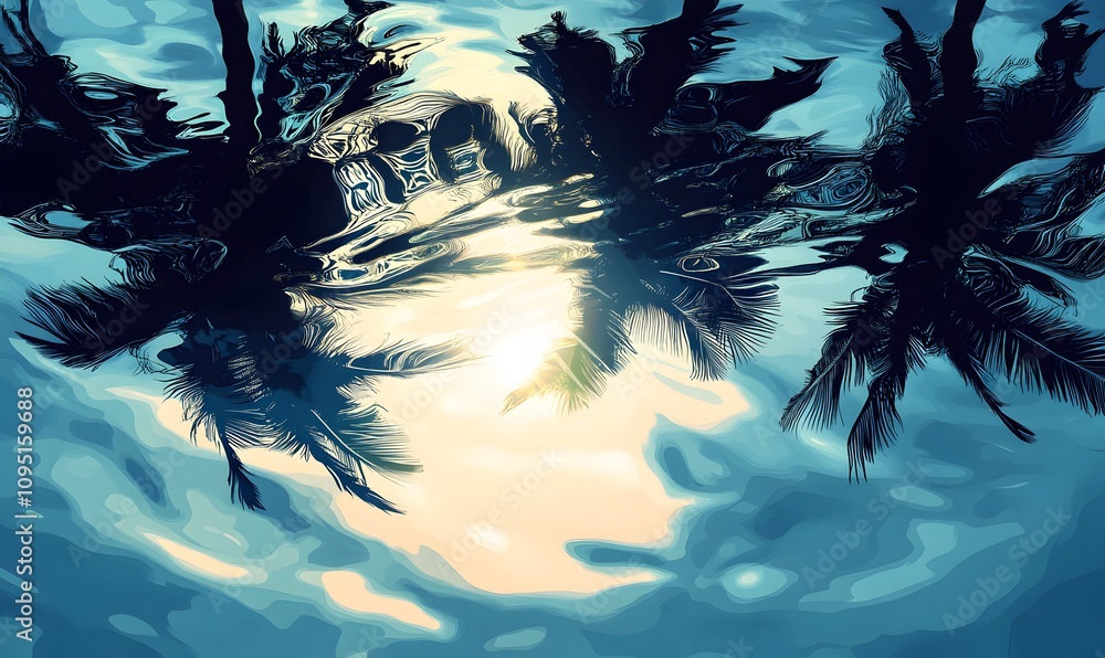 Aufkleber feature an abstract vector illustration where palm tree shadows are reflected in a water-like surfac