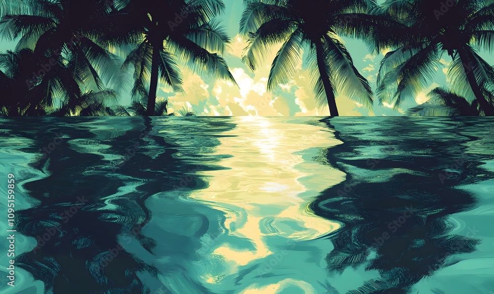 Aufkleber feature an abstract vector illustration where palm tree shadows are reflected in a water-like surfac