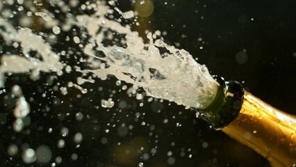 Freeze motion of Champagne explosion with flying cork closure, opening champagne bottle closeup. © Lukas Gojda