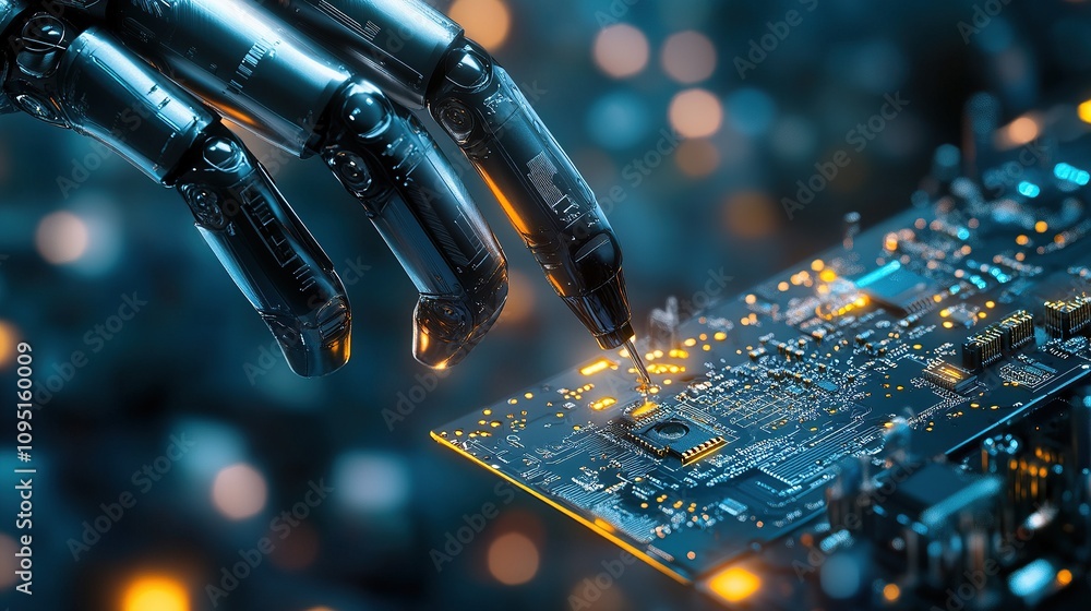 Poster a robotic hand interacts with a circuit board, symbolizing advanced technology.