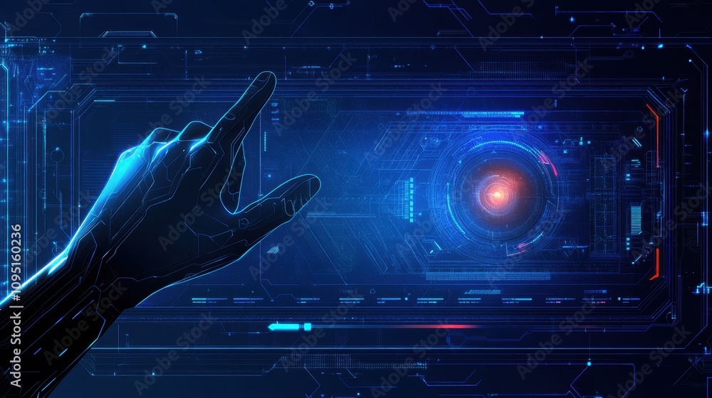 Poster futuristic interface with human hand interacting with digital technology elements in a sci-fi enviro